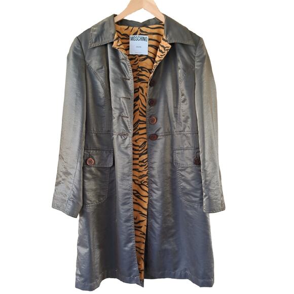 MOSCHINO Vintage Y2K Metallic Trench Coat Tiger Lining Medium Rare Luxury Glam - Picture 2 of 14